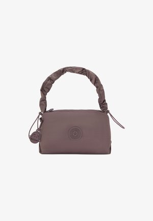 Brown nylon handbag with a gathered handle, zip closure, and round logo patch. Features a small charm attached to the zipper. Compact design.
