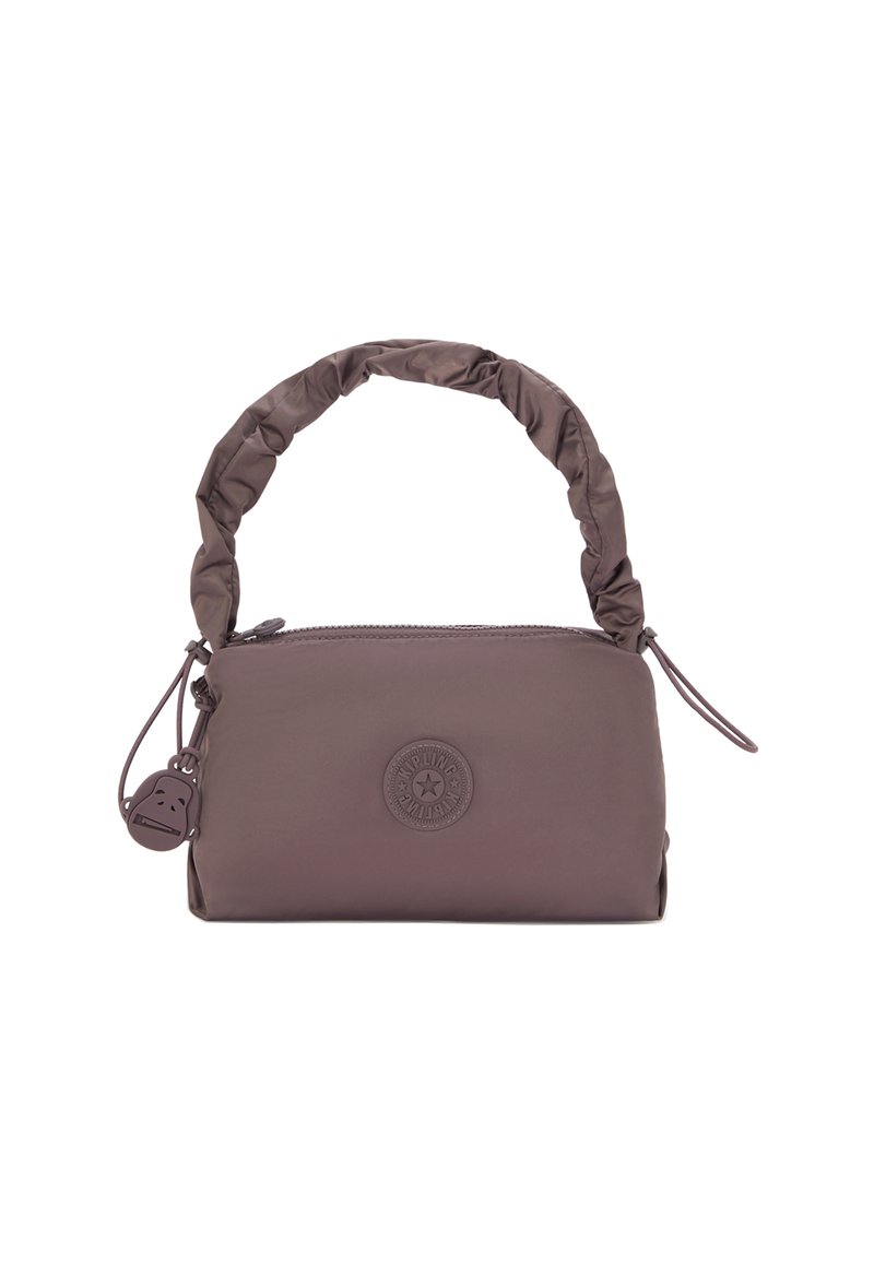 Brown nylon handbag with a gathered handle, zip closure, and round logo patch. Features a small charm attached to the zipper. Compact design.