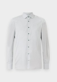 White long-sleeve shirt with a small black geometric pattern, green buttons, and a pointed collar. Regular fit with buttoned cuffs.
