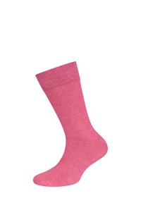 Rosa Baumwollsocke mit geripptem Bund, in der Mitte der Wade, glatte Textur und einfarbiges Design. Keine Muster oder Verzierungen.