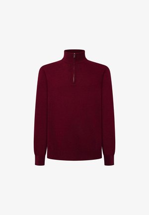 Burgundská polovičná zipová mikina vyrobená z jemnej látky. Má dlhé rukávy a stojatý golier. Rífkajúce manžety a spodný lem vylepšujú pohodlie.