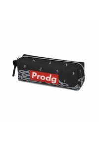 Trousse noire en tissu avec un motif argenté et de petits détails graphiques, arborant un logo rouge bien en vue avec l'inscription "Prodg."