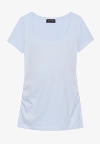 Gaiši zils īsās piedurknes T-krekls, kas izgatavots no mīkstas kokvilnas, ar izgriezumu ap kaklu un savākuma detaļām sānos, lai nodrošinātu pieguļošu izskatu.