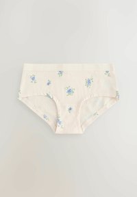 Mutande hipster in cotone color crema chiaro con piccoli motivi floreali blu. Tessuto morbido, vita elastica e design a copertura totale.