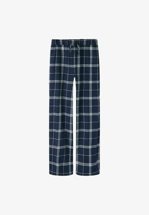 Navy plaid pants featuring a checked pattern with white lines, an elastic waistband, and a relaxed fit design. Lightweight fabric texture.