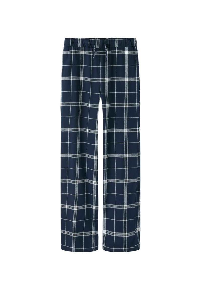 Pantalons à carreaux bleu marine présentant un motif à vêtements avec des lignes blanches, une taille élastique et une coupe décontractée. Texture de tissu léger.