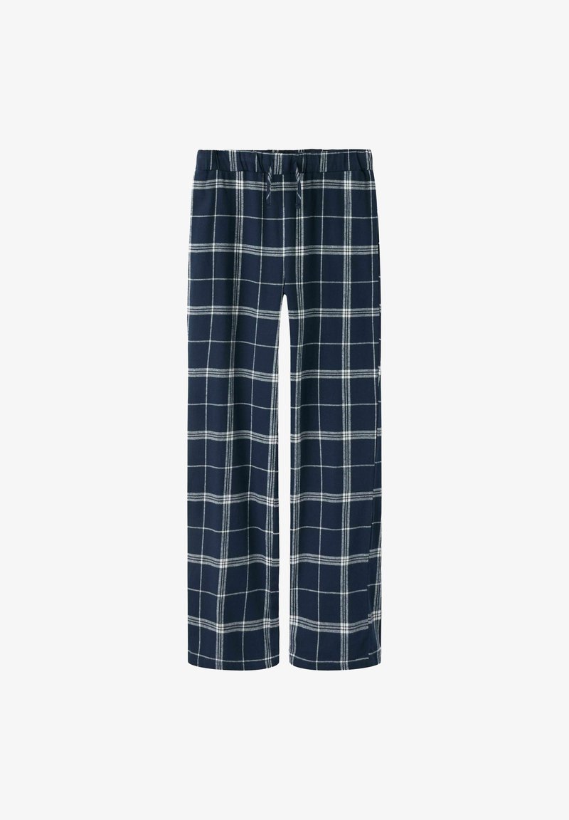 Pantalons à carreaux bleu marine présentant un motif à vêtements avec des lignes blanches, une taille élastique et une coupe décontractée. Texture de tissu léger.