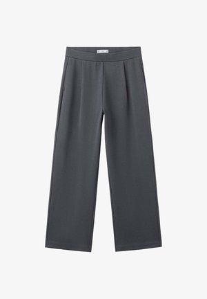 Sive široke hlače s ravnim strukom, izrađene od glatkog materijala, s preklopima sprijeda i bočnim džepovima.