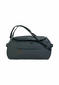 Bolsa de deporte gris hecha de tela duradera, con cierre superior, correa ajustable y un bolsillo exterior con cremallera y un tirador naranja.