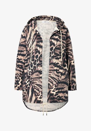 Hooded jack met een lederen printontwerp in beige en zwart, gemaakt van zachte stof, met een open front en een aantrekkoord in de taille.