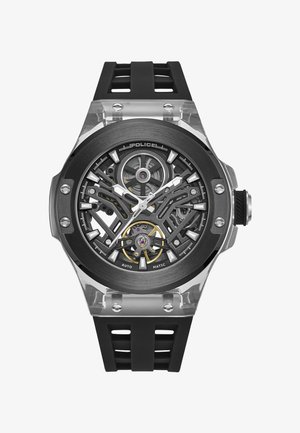 Orologio automatico scheletrato con cassa trasparente, ghiera nera e cinturino in gomma nero. Presenta un quadrante dettagliato con numeri arabi e movimento a vista.