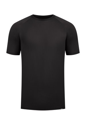 Schwarzes T-Shirt mit kurzen Ärmeln und Rundhalsausschnitt, aus glattem Stoff, mit Raglanärmeln und geradem Saum, ohne Muster oder zusätzliche Details.