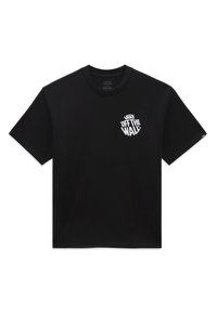 Musta puuvillainen T-paita lyhyillä hihoilla, pyöreä kaula-aukko ja valkoinen "VANS 'OFF THE WALL'" -logo painettuna vasemmalle rintamalle. Vaakasuora ommelyksitys.