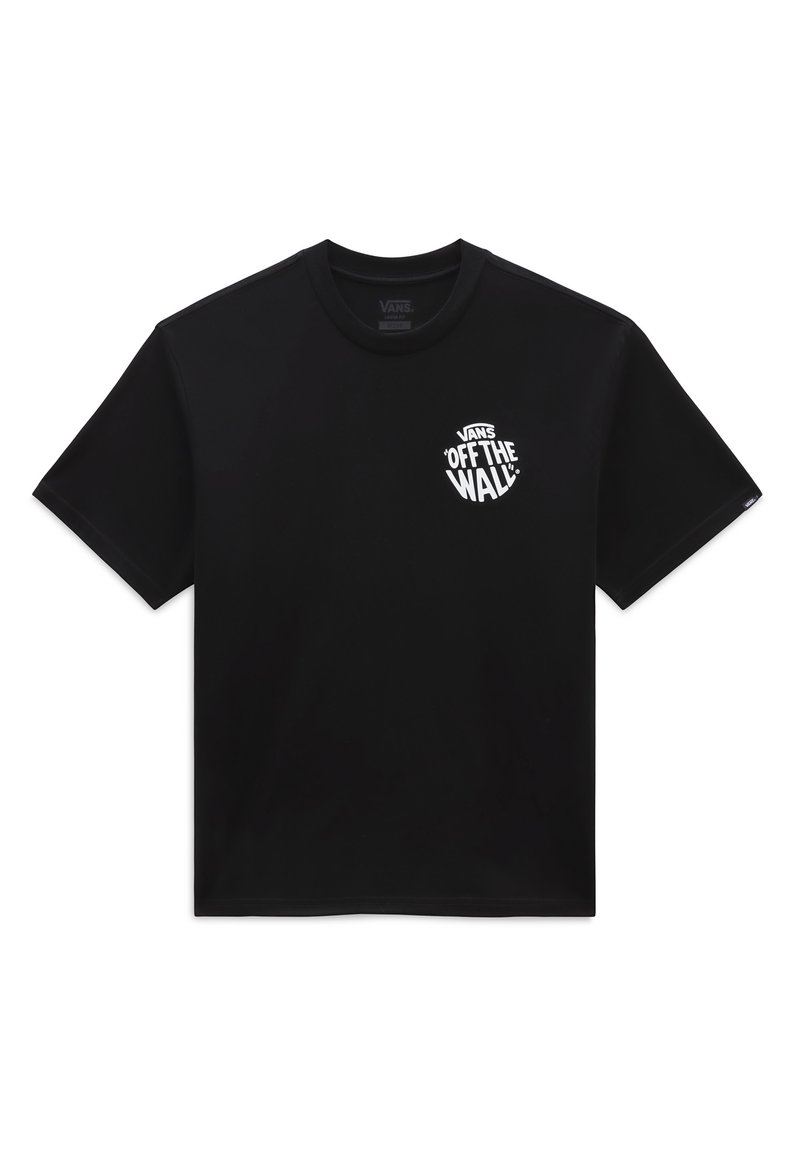 Musta puuvillainen T-paita lyhyillä hihoilla, pyöreä kaula-aukko ja valkoinen "VANS 'OFF THE WALL'" -logo painettuna vasemmalle rintamalle. Vaakasuora ommelyksitys.