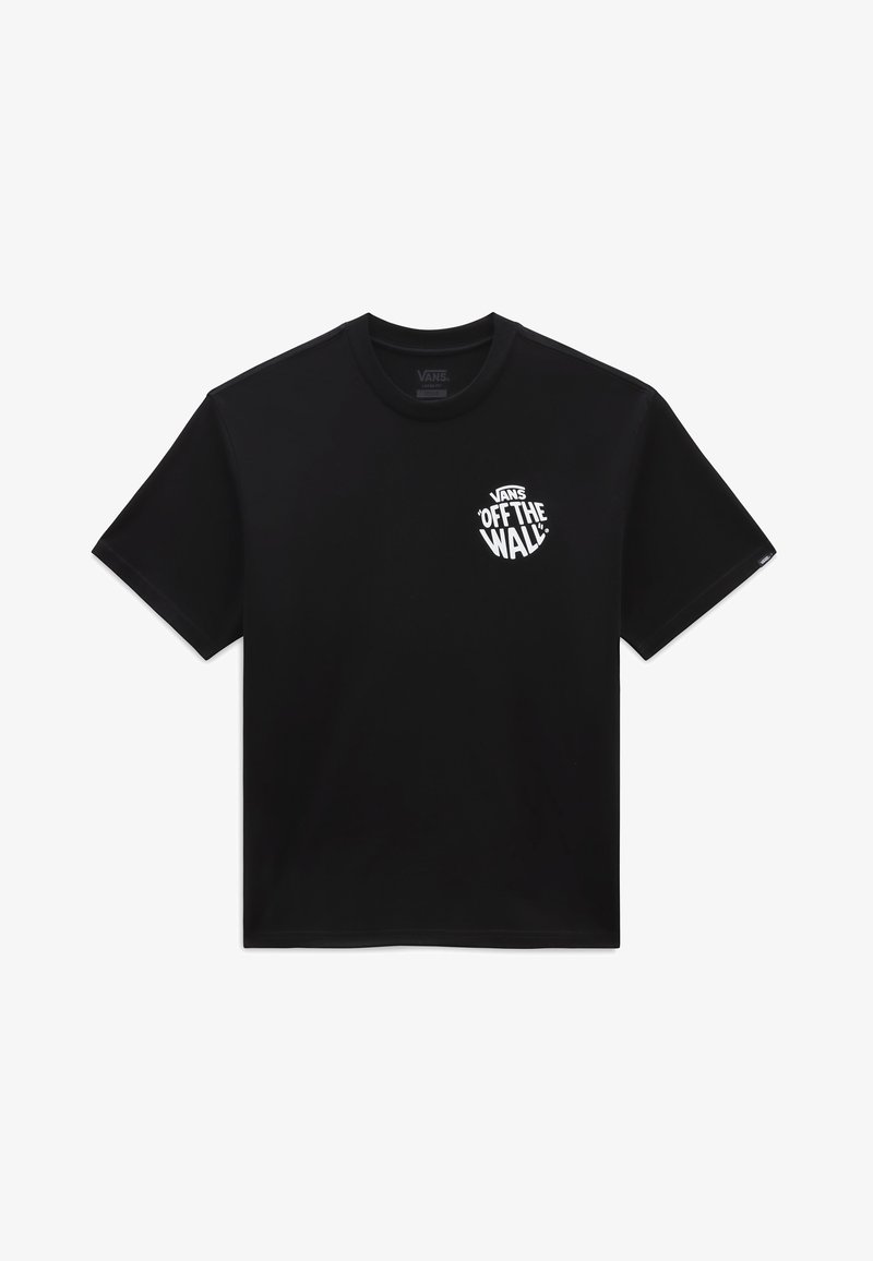 Musta puuvillainen T-paita lyhyillä hihoilla, pyöreä kaula-aukko ja valkoinen "VANS 'OFF THE WALL'" -logo painettuna vasemmalle rintamalle. Vaakasuora ommelyksitys.