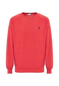 Maglione rosso lavorato a maglia, con maniche lunghe, design raglan e collo e polsini a costine. Presenta un piccolo logo nero sul petto.
