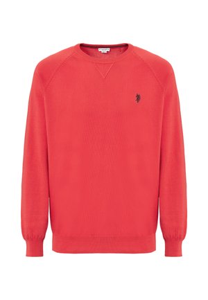 Maglione rosso lavorato a maglia, con maniche lunghe, design raglan e collo e polsini a costine. Presenta un piccolo logo nero sul petto.