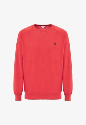 Maglione rosso lavorato a maglia, con maniche lunghe, design raglan e collo e polsini a costine. Presenta un piccolo logo nero sul petto.