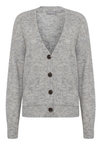Cardigan gris clair avec un décolleté en V profond, quatre boutons marron, deux poches avant et un tissu texturé. Manches longues et coupe décontractée.