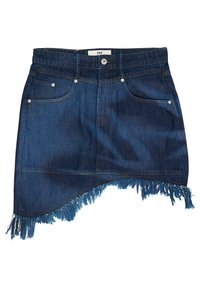 Σκούρα μπλε μίνι φούστα jeans με ασύμμετρο φθαρμένο τελείωμα, μπροστινό κουμπί, φερμουάρ και σχεδιασμό με πέντε τσέπες από το brand Lee.