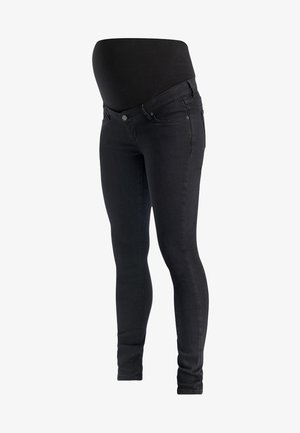 Jeans de maternidad negros con cinturilla elástica alta y piernas ajustadas.