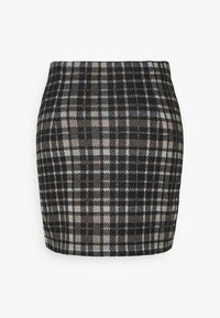 Gonna mini a quadri in nero, beige e grigio con una forma aderente, una texture liscia e una vita regolare. Motivo a scacchi distintivo.