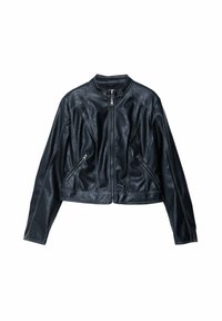 Black leather jacket with a round collar, front zipper, and two side pockets. Features contrasting white stitching and a cropped design.