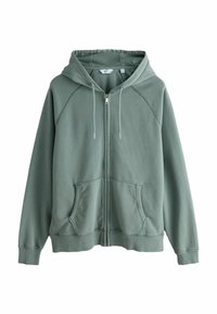 Hellgrüner Kapuzenpullover mit Reißverschluss, Fronttaschen, Kordelzugkapuze sowie gerippten Bündchen und Saum, dargestellt vor weißem Hintergrund.