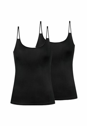 Two black sleeveless camisoles with thin straps, shown against a white background.