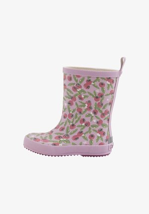 Stivale da pioggia in gomma con sfondo rosa chiaro, decorato con un motivo floreale in verde, rosa e bianco. Presenta una suola testurizzata e un asola per facilitarne la calzata.