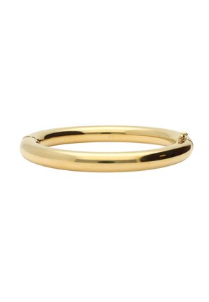 Goldfarbener Metallbangle, glatte Textur, kreisförmige Form, glänzende Oberfläche, verfügt über einen kleinen Verschluss für eine sichere Schließung.