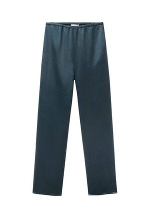 Pantaloni a gamba dritta con vita elastica di colore blu scuro, con una finitura liscia, stesi su uno sfondo bianco.