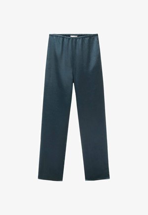 Pantalon droit bleu foncé à taille élastique avec une finition lisse, posé à plat sur un fond blanc.