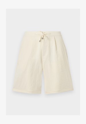 Κρεμ σορτς μήκους μέχρι το γόνατο με ρυθμιζόμενο κορδόνι στη μέση και άνετη εφαρμογή, φτιαγμένα από ελαφρύ ύφασμα.