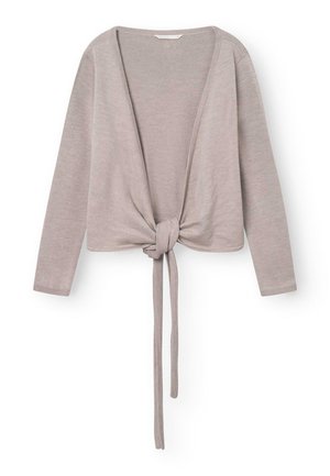 Hellgraue, vorne zu bindende Strickjacke mit langen Ärmeln, tiefem V-Ausschnitt und gerippten Bündchen. Weiches Strickmaterial mit glatter Textur.
