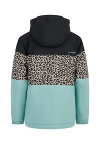 Giacca con cappuccio caratterizzata da una parte superiore nera, una sezione centrale con stampa leopardata e una parte inferiore verde menta; texture liscia con polsini elastici.