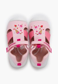 Pink canvas sandals with ice cream cone and popsicle embroidery. Features adjustable straps and white rubber soles for enhanced grip.