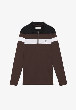 Dlhý rukáv polo tričko v hnedej a čiernej farbe, s golierom na zips, bielymi a šedými horizontálnymi pruhmi a malým logom na hrudi.
