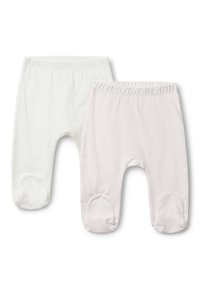 Dva páry dětských kalhot: jedny bílé a jedny světle růžové s jemnou texturou a vzorem puntíků. Elastický pas a kryty na nožičky.