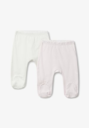 Due paia di pantaloni per neonati: uno bianco e uno rosa chiaro con una consistenza morbida e un motivo a pois. Vita elastica e copri piedi.