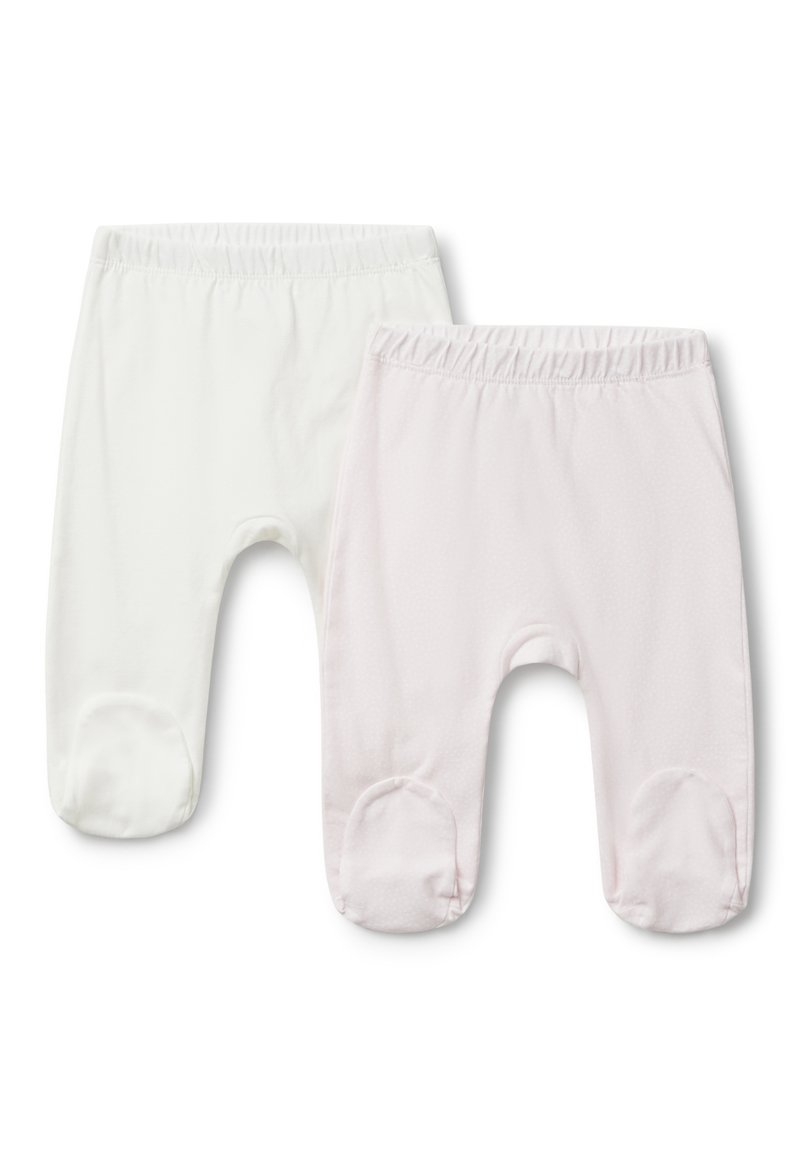 Dva páry dětských kalhot: jedny bílé a jedny světle růžové s jemnou texturou a vzorem puntíků. Elastický pas a kryty na nožičky.