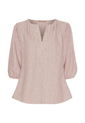 Letvægts, stribet pullover skjorte i lys pink og rød, med V-hals, 3/4 puffærmer og en let udsvungen kant.