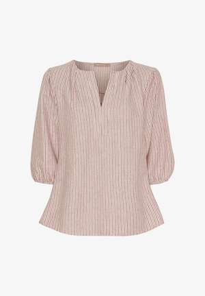 Letvægts, stribet pullover skjorte i lys pink og rød, med V-hals, 3/4 puffærmer og en let udsvungen kant.
