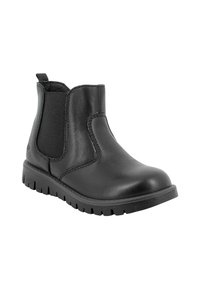 Stivale Chelsea in pelle nera con pannelli laterali elasticizzati, punta rotonda e suola in gomma testurizzata. Presenta una linguetta per una facile indossabilità.