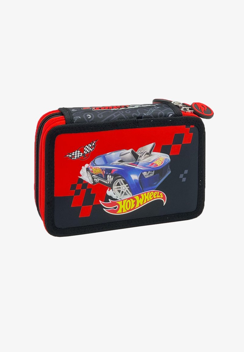 Rood en zwart etui met een blauwe Hot Wheels auto graphic, geblokte vlaggen en een ritsluiting. Gemaakt van duurzame stof.