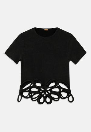 Black short-sleeve t-shirt made from soft fabric, featuring a decorative looped trim at the hem, creating a floral pattern.