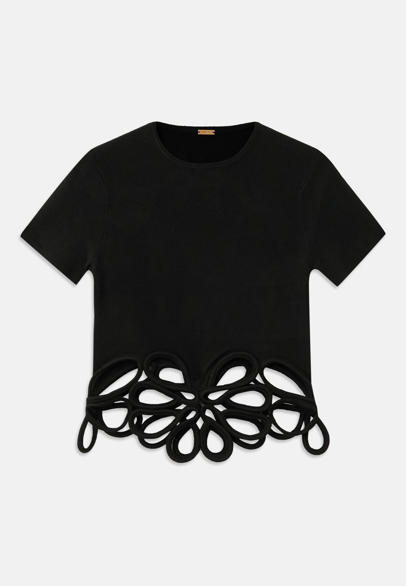 T-shirt noir à manches courtes en tissu doux, doté d'un ourlet décoratif avec des boucles, formant un motif floral.