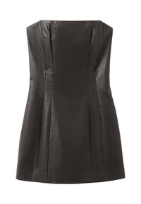 Čierne kožené šaty bez ramienok s priliehavým živôtikom, záhybmi a hladkou textúrou. Majú rovný výstrih a rozšírený spodok.