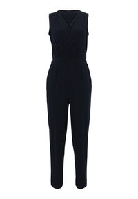 Sleeveless jumpsuit in navy knit fabric, features a wrap-front top, wide waistband, tapered legs, and two side pockets.