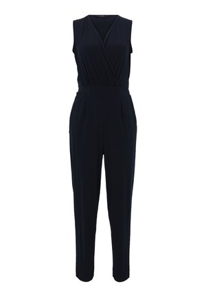 Ärmlös jumpsuit i marinblått stickat tyg, med en omslagstopp, bred midja, avsmalnande ben och två sidofickor.